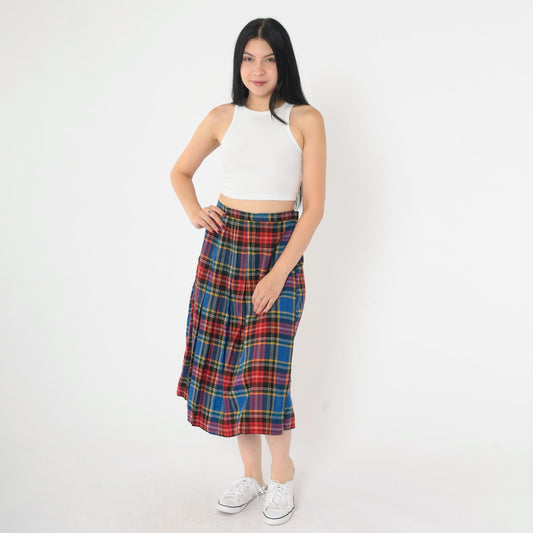 80s Ann Stevens Wool Plaid Midi Skirt High Waist Wrap Tartan Small