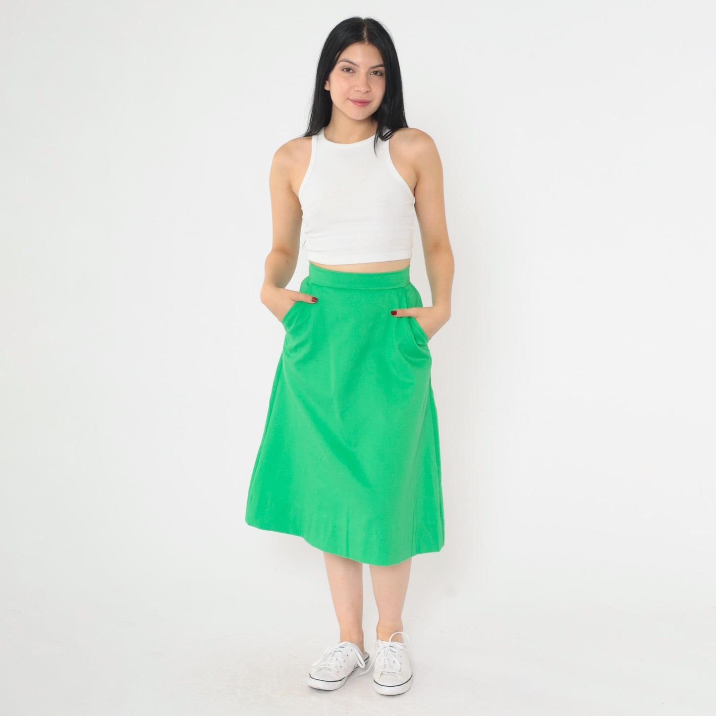 1970s Girl Scouts Midi Skirt Green A-Line High Waist Pockets Extra Small