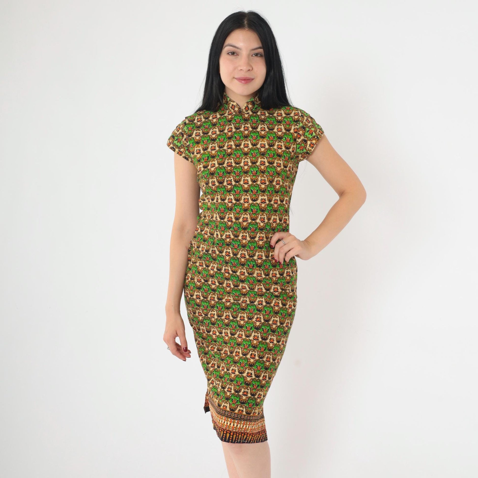 70s Cheongsam-Style Dress Green Batik Floral Print Mandarin Collar Midi XS