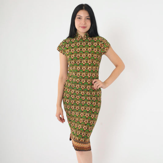 70s Cheongsam-Style Dress Green Batik Floral Print Mandarin Collar Midi XS