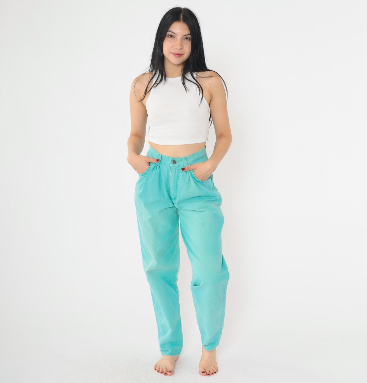 90s Zena Aqua Tapered Trousers High Waist Pleated Straight Leg Extra Small