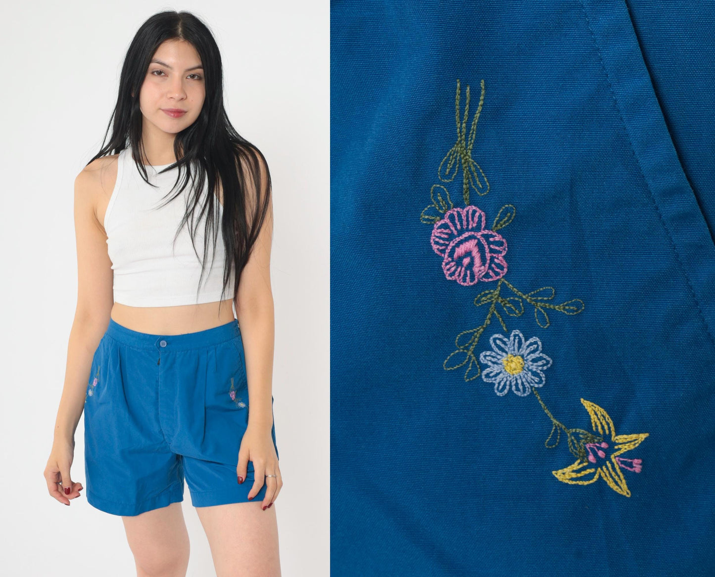 80s Blue Floral Embroidered High-Waist Shorts Pleated Elastic Waist Small