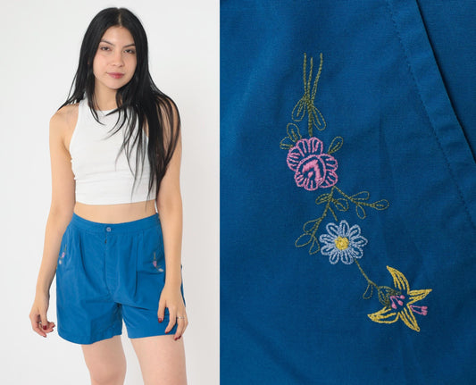 80s Blue Floral Embroidered High-Waist Shorts Pleated Elastic Waist Small