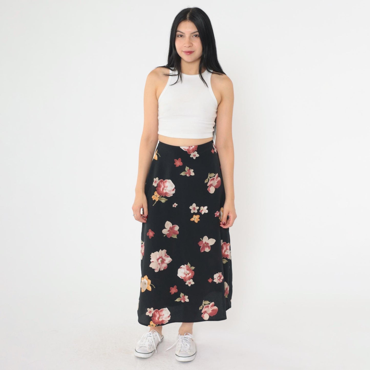 90s Black Floral Midi Skirt Red Yellow Print High Waist Extra Small XS