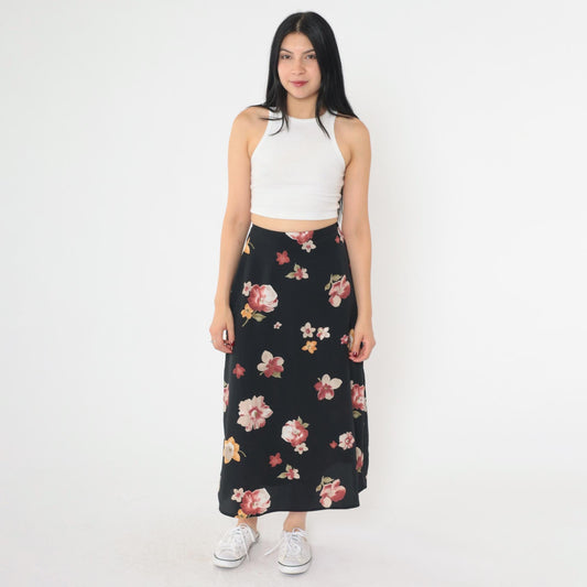 90s Black Floral Midi Skirt Red Yellow Print High Waist Extra Small XS