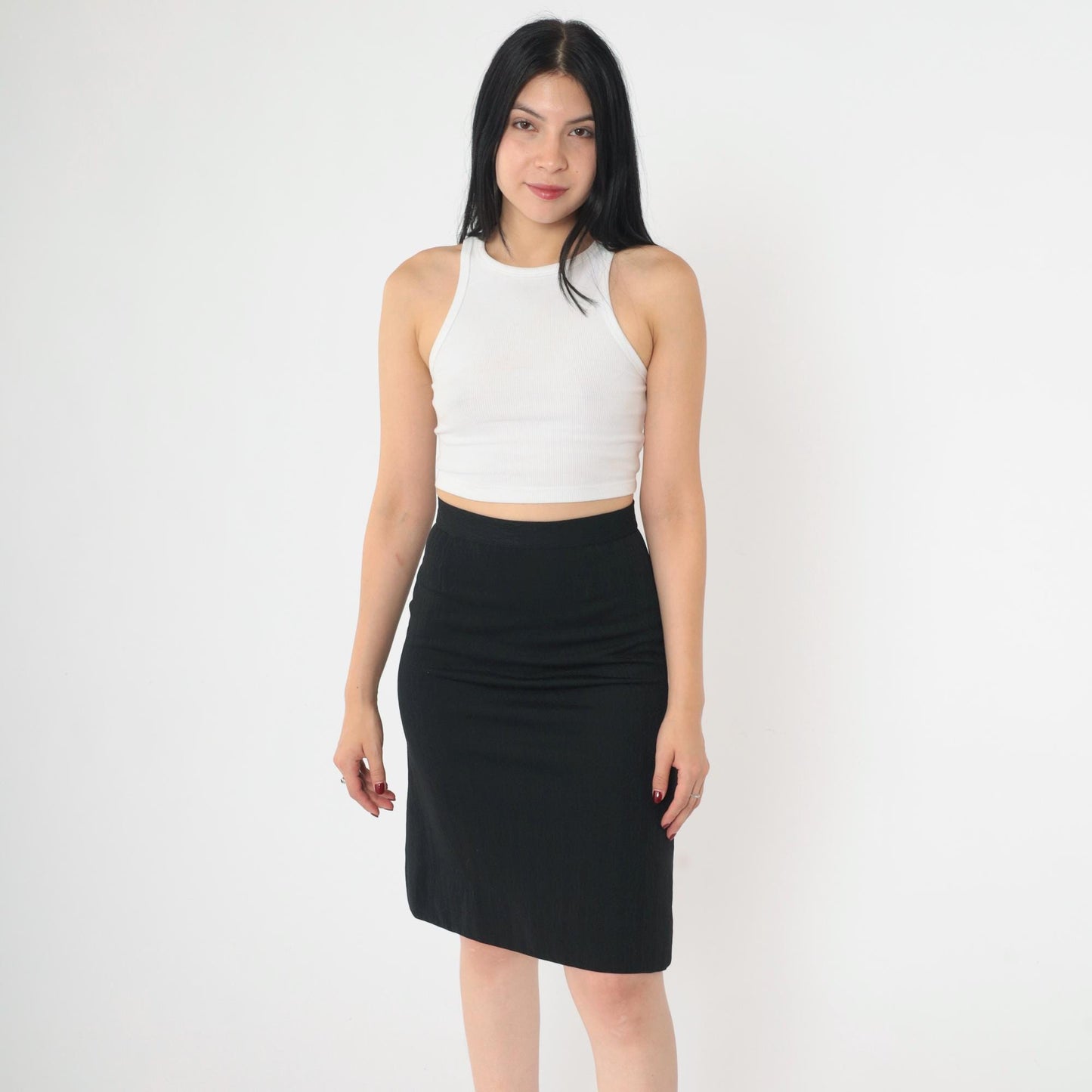 70s Black Geometric Textured Pencil Skirt High Waist Mini Extra Small