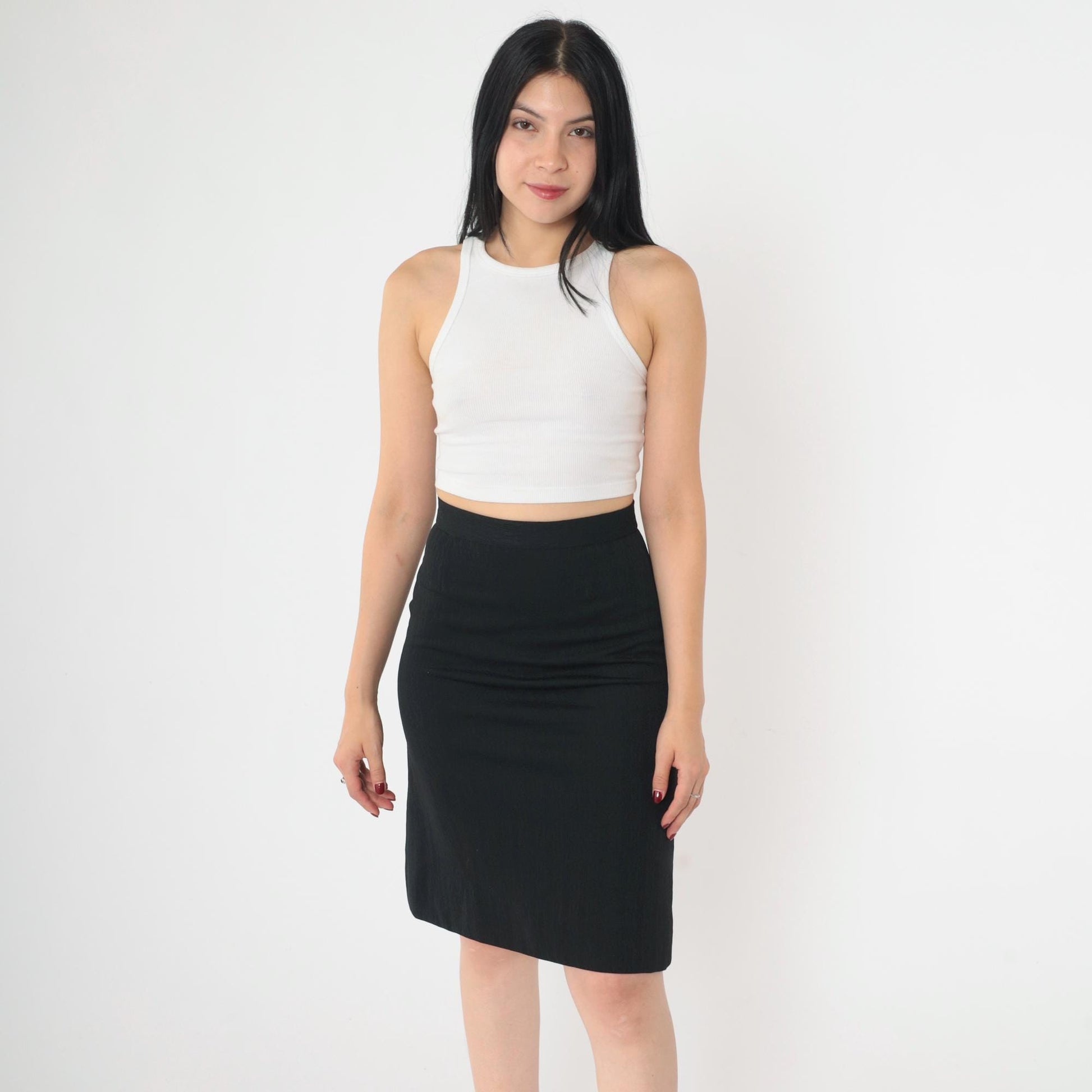 70s Black Geometric Textured Pencil Skirt High Waist Mini Extra Small