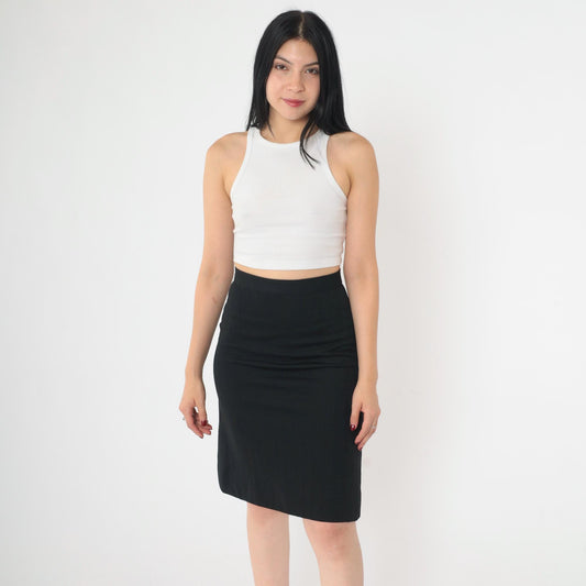 70s Black Geometric Textured Pencil Skirt High Waist Mini Extra Small