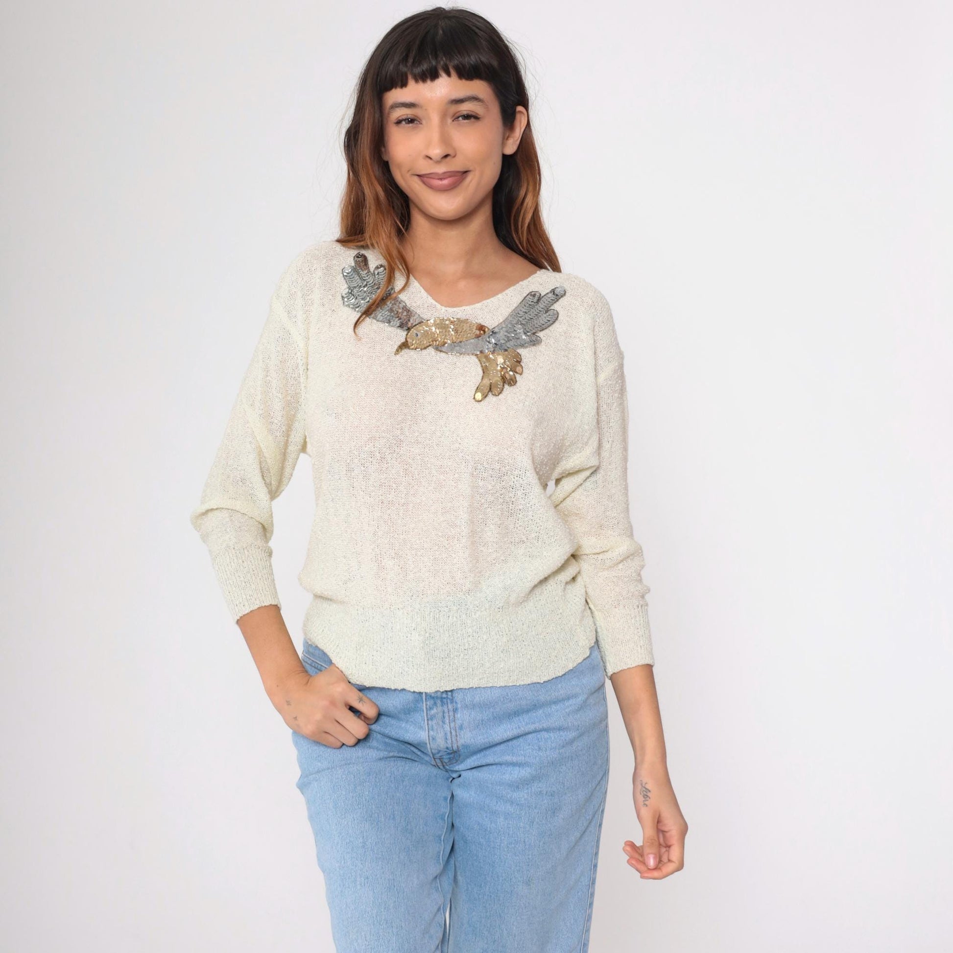 80s Sequin Bird Sweater Off-White V-Neck Beaded Metallic Pullover Small