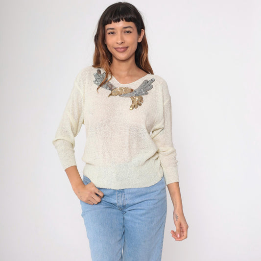 80s Sequin Bird Sweater Off-White V-Neck Beaded Metallic Pullover Small
