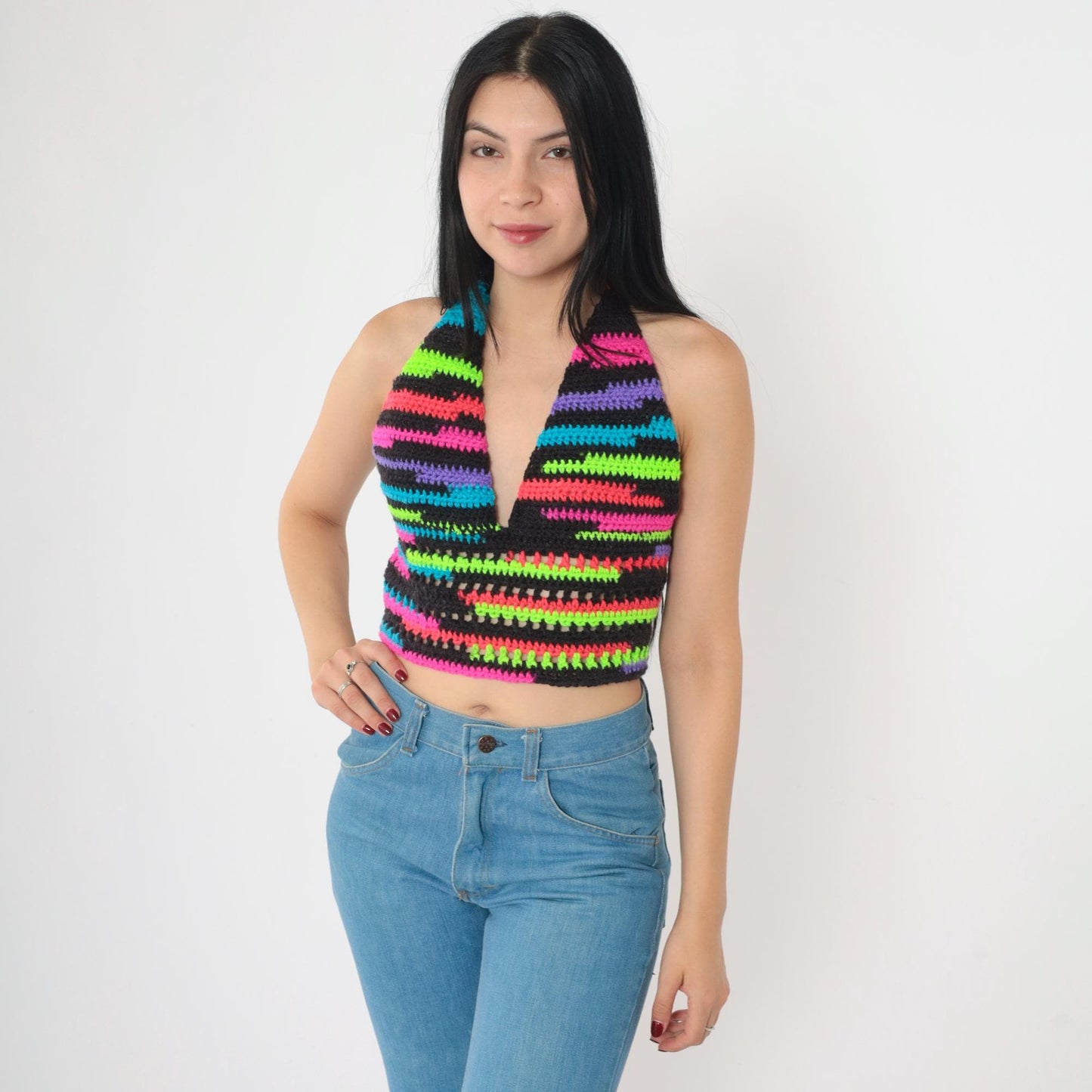 Y2K Neon Striped Crochet Halter Top Black V-Neck Tie-Back Small Medium