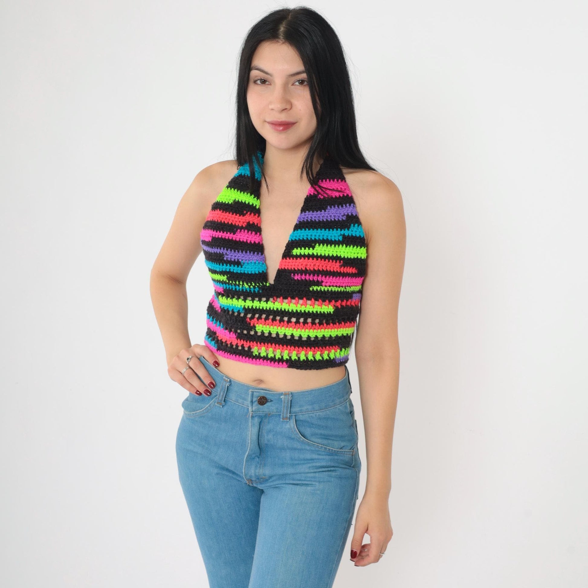 Y2K Neon Striped Crochet Halter Top Black V-Neck Tie-Back Small Medium