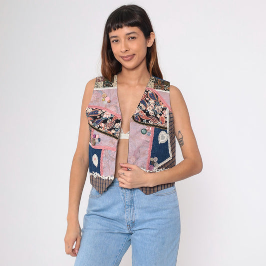 90s Reversible Patchwork Vest Chambray Plaid Floral Lace Heart Small