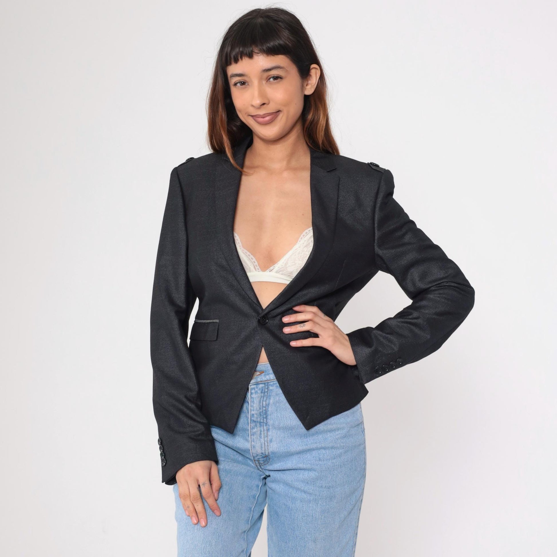 Y2K Black Fitted Blazer Military Epaulette Deep V Neck Button Up Extra Small