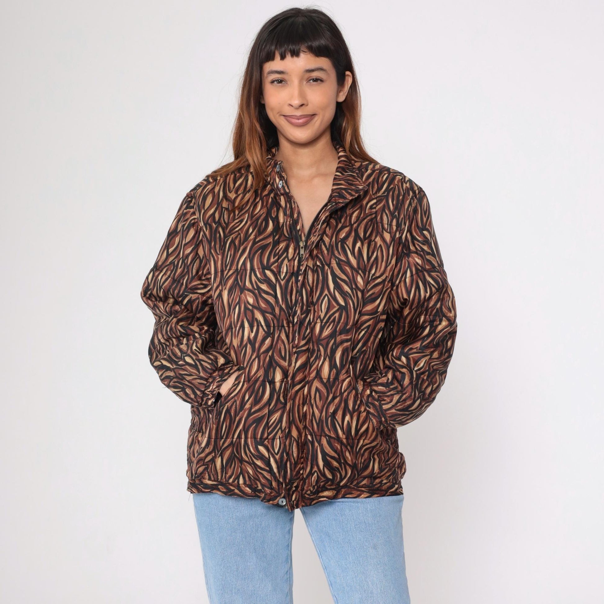 90s Clio Silk Puffer Jacket Abstract Animal Print Brown Medium