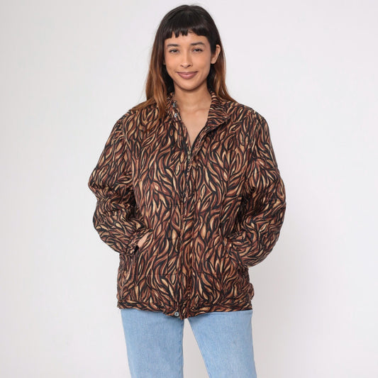 90s Clio Silk Puffer Jacket Abstract Animal Print Brown Medium