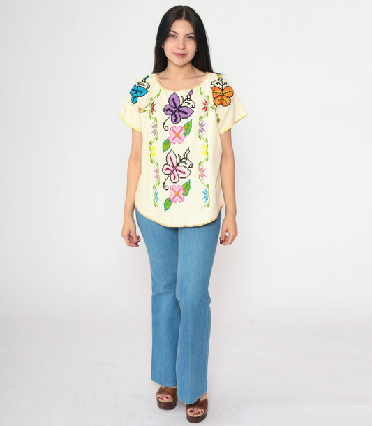90s Cream Floral Embroidered Blouse Butterfly Cross Stitch Scoop Neck Medium