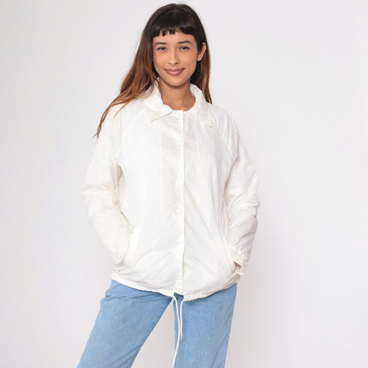 80s White Nylon Windbreaker Jacket Snap Raglan Sleeve Medium