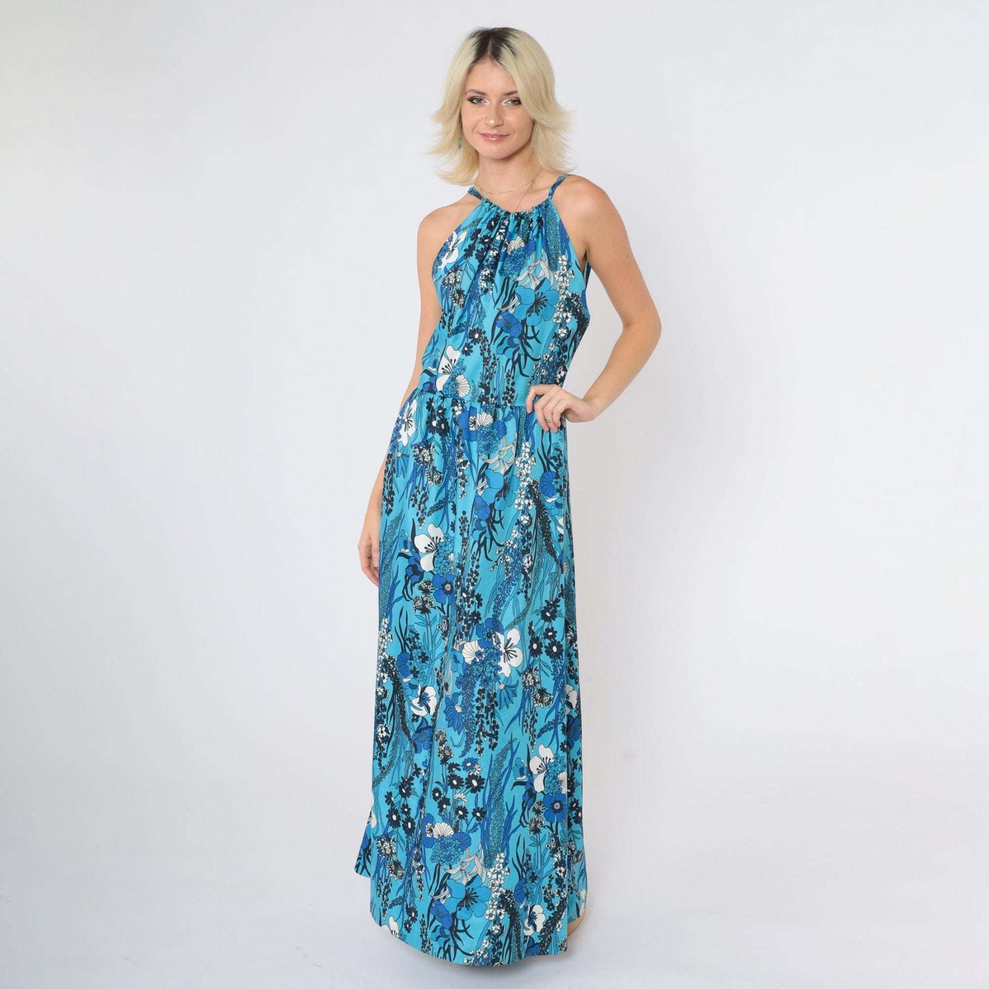 70s Blue Tropical Floral Halter Maxi Dress Deep V Back High Waist Small