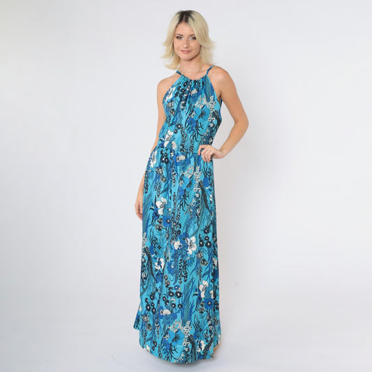 70s Blue Tropical Floral Halter Maxi Dress Deep V Back High Waist Small