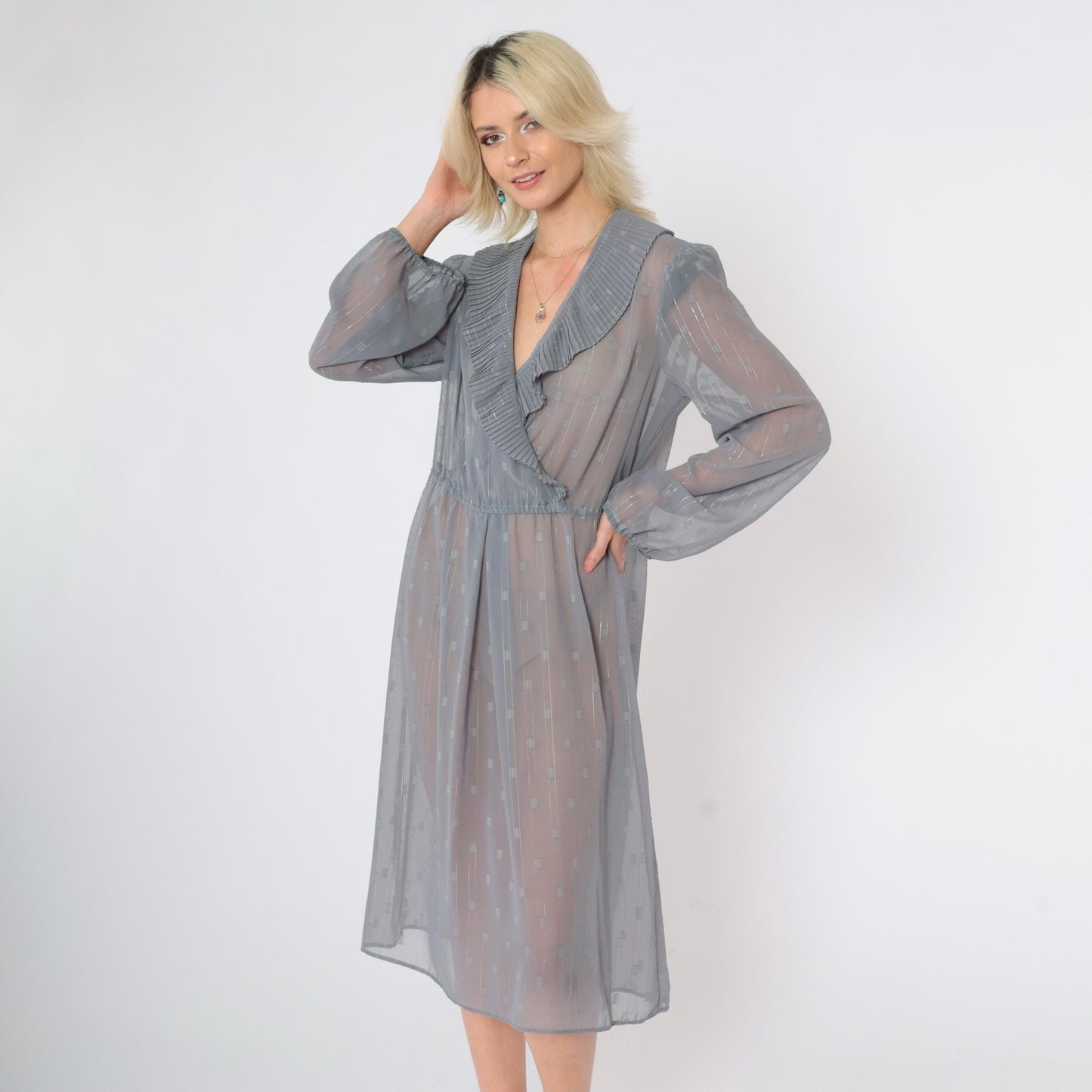 80s Donna Morgan Sheer Grid Midi Dress Grey Metallic Puff Sleeve Deep V Large