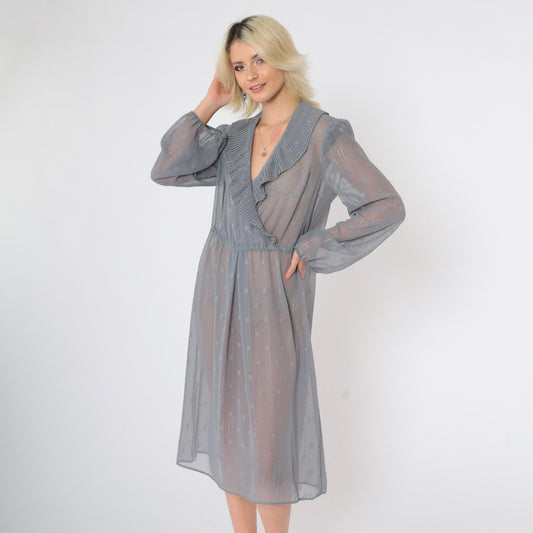 80s Donna Morgan Sheer Grid Midi Dress Grey Metallic Puff Sleeve Deep V Large