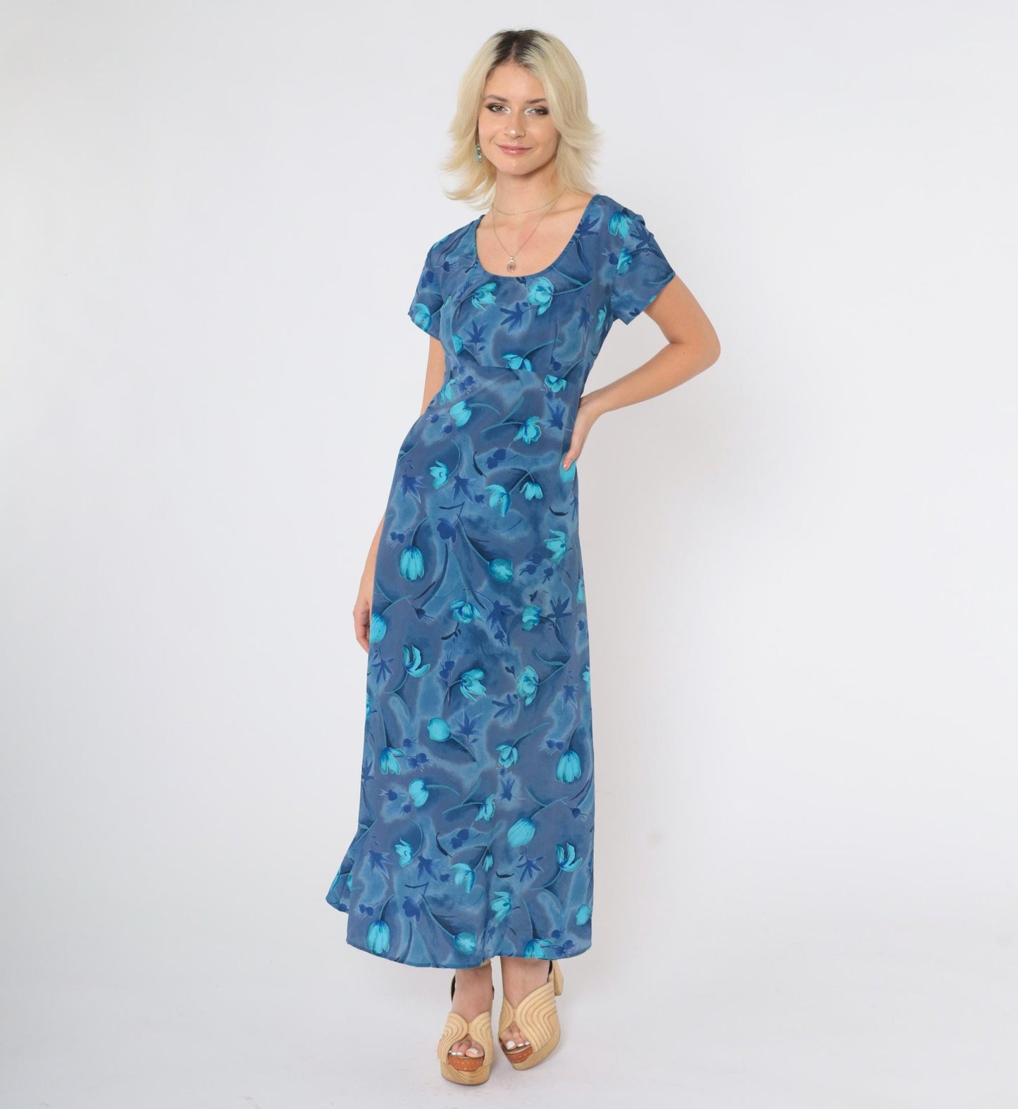 90s All That Jazz Blue Floral Empire Waist Maxi Dress Short Sleeve Medium