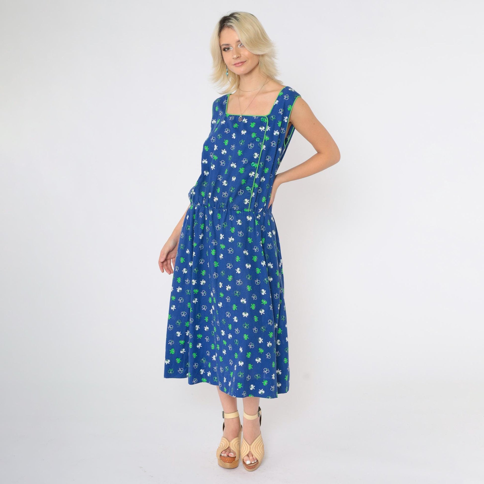 70s Butterfly Print Blue Midi Dress High Elastic Waist Sleeveless Large