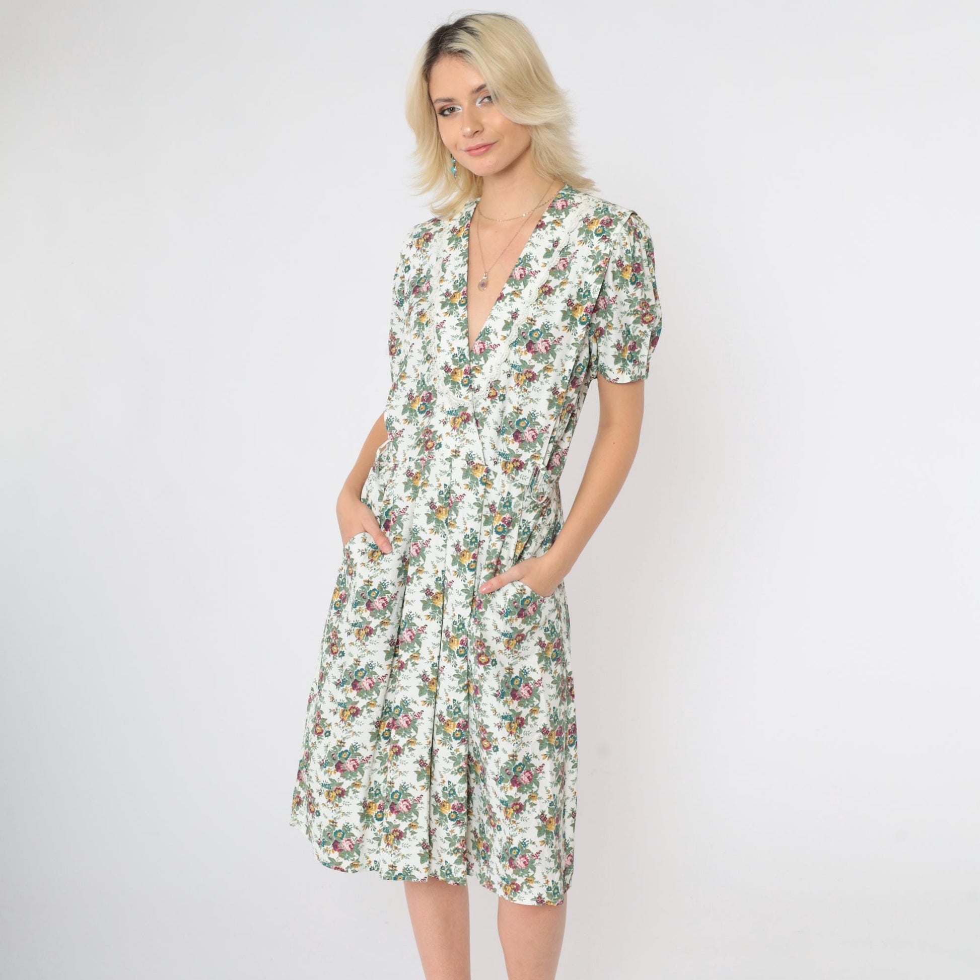 80s S.L. Petites Floral Midi Dress Deep V Puff Sleeve White Multicolor Small