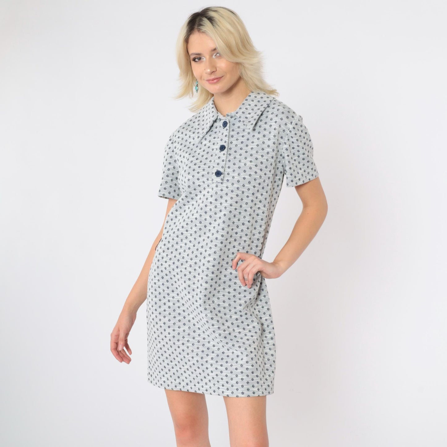 60s Mod Shift Dress Mini Geometric Dot Print Grey Button-Up Medium M