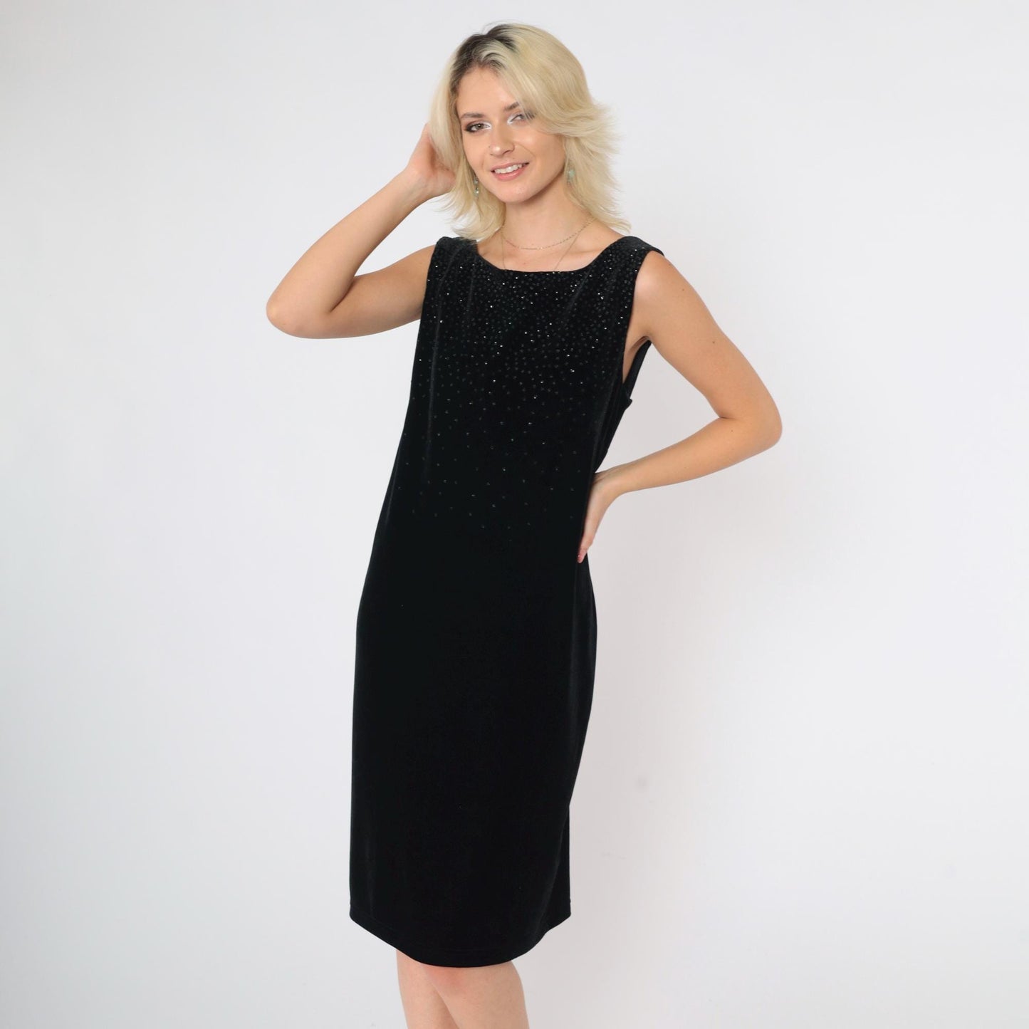 90s Robbie Bee Black Velvet Shift Dress Glitter Open Back Knee Length Large