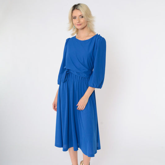 80s Royal Blue Midi Dress Puff Sleeve Wrap Panel Elastic Waist Large L