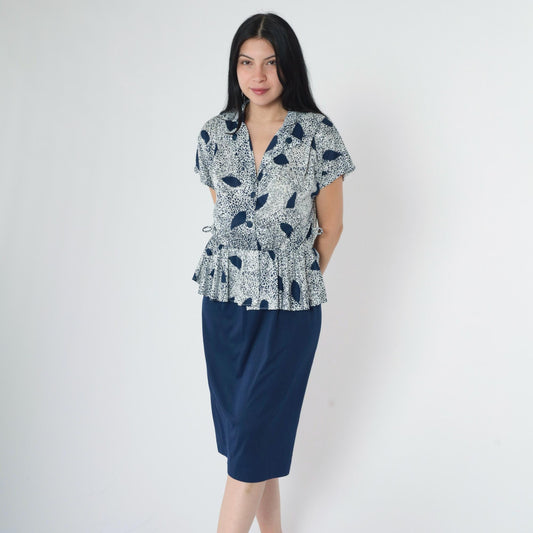 80s Abstract Peplum Midi Dress Blue White V Neck Button Up High Waisted Medium Large