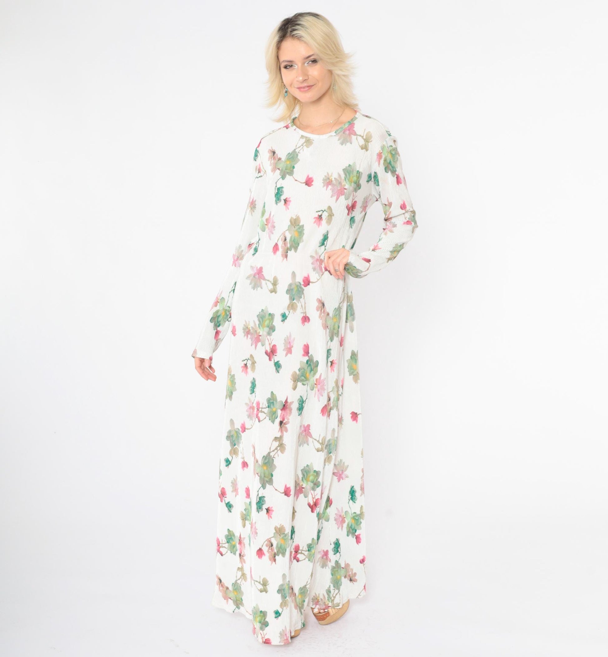 90s White Floral Maxi Dress High Elastic Waist Long Sleeve Ribbed Large L