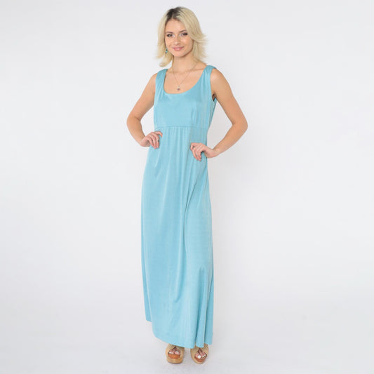 70s Blue Maxi Dress Empire Waist Scoop Neck Sleeveless Medium M