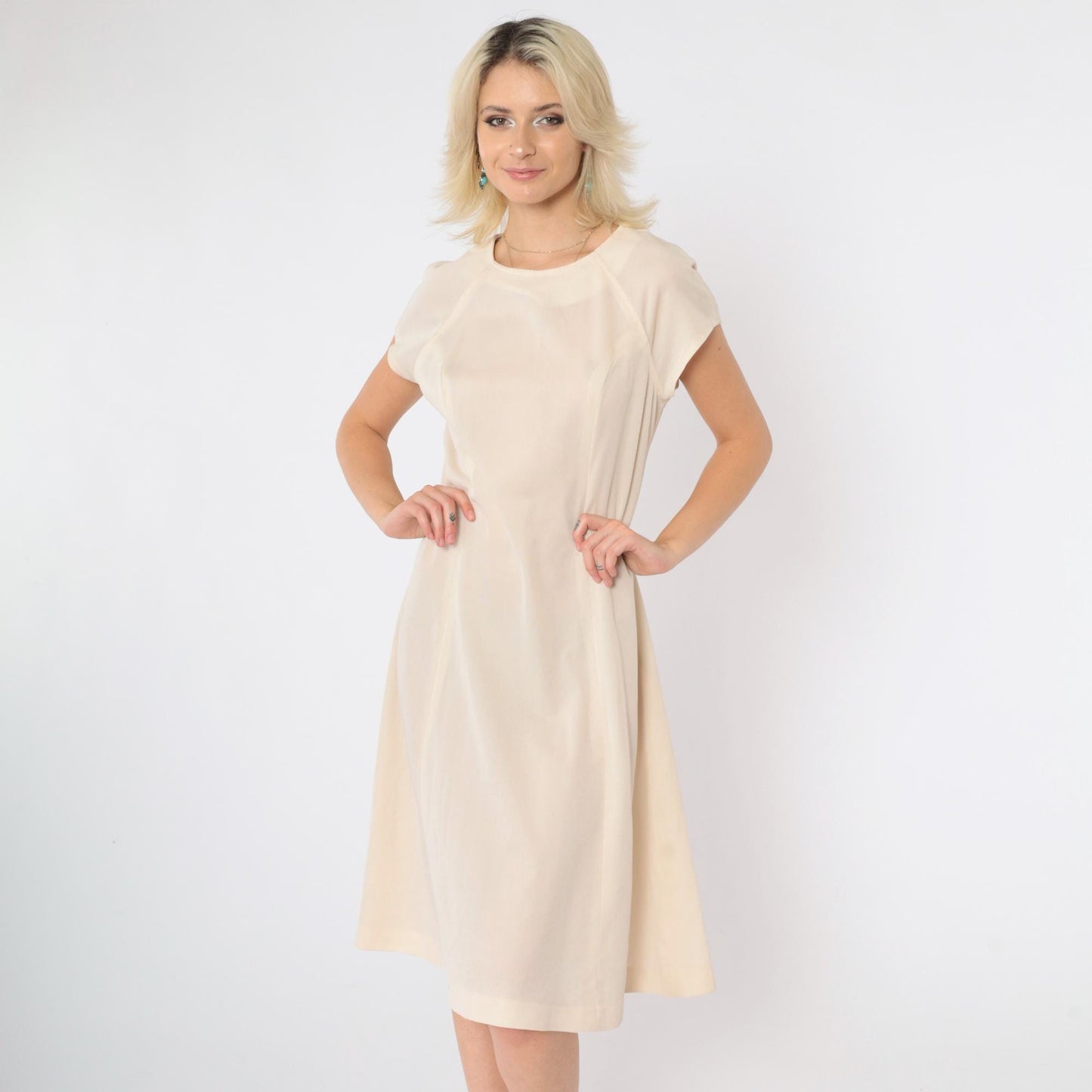 60s Mod Shift Dress Cream Semi-Sheer Raglan Midi Small Medium