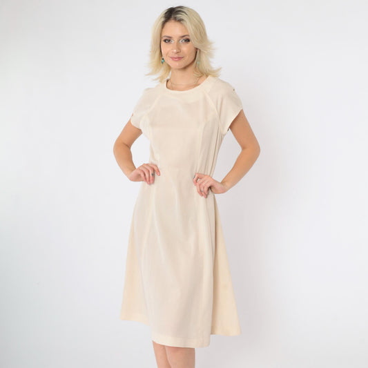60s Mod Shift Dress Cream Semi-Sheer Raglan Midi Small Medium
