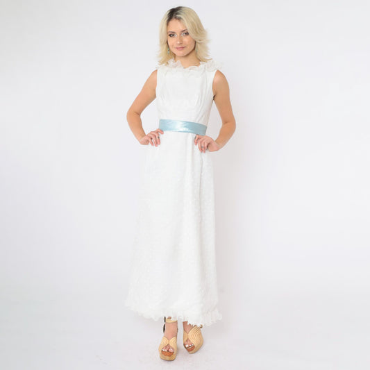 60s White Maxi Dress Flocked Polka Dot Empire Waist Satin Bow Extra Small