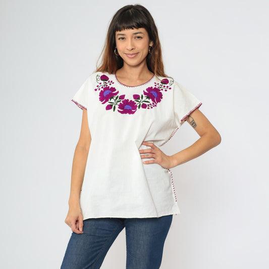 90s Mexican Embroidered Tunic Blouse White Purple Floral Large