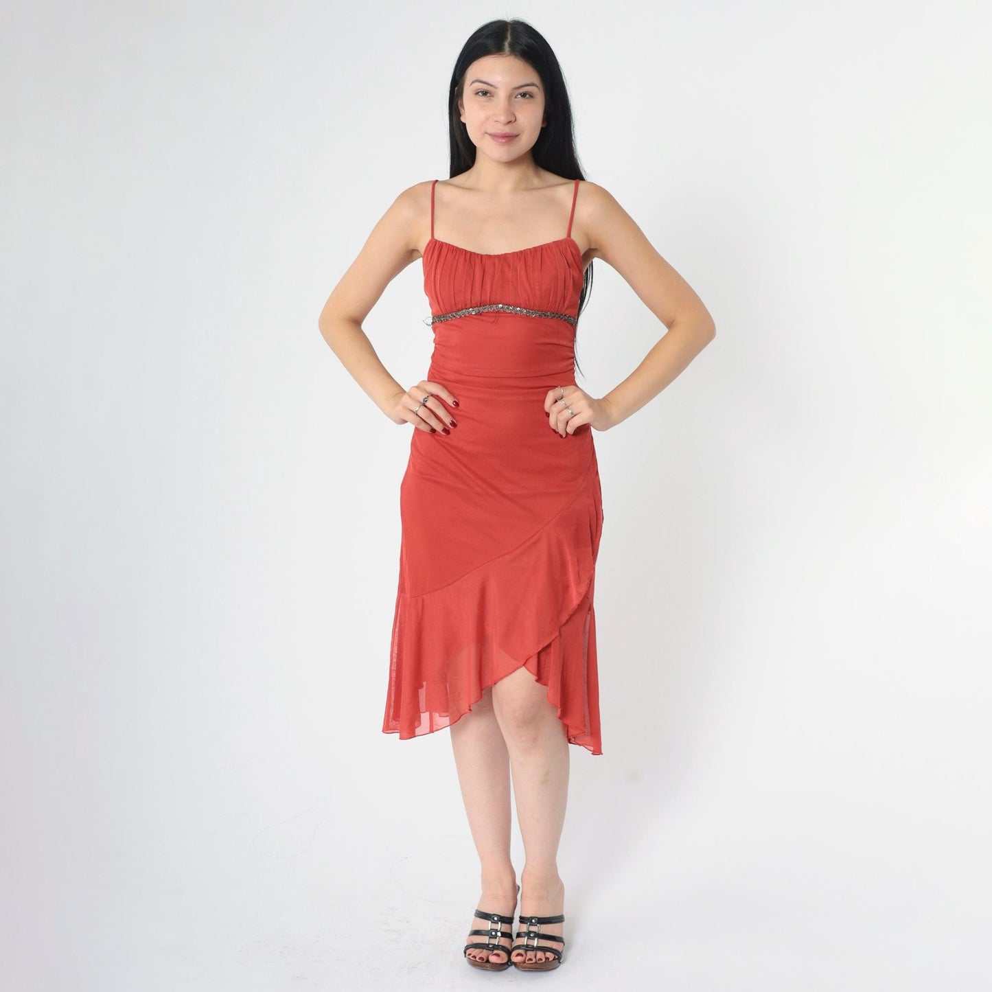 Y2K Ruby Rox Rust Midi Dress Ruched Spaghetti Strap Bodycon Asymmetrical Small