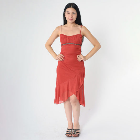 Y2K Ruby Rox Rust Midi Dress Ruched Spaghetti Strap Bodycon Asymmetrical Small