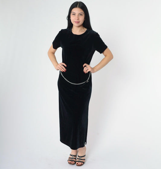 90s Ronni Nicole Black Velvet Midi Dress Chain Belt Side Slit Medium Petite