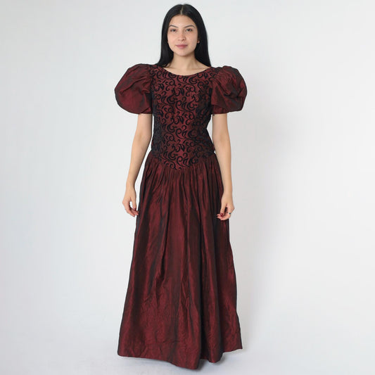 80s Burgundy Taffeta Prom Dress Puff Sleeve Basque Waist Maxi Small