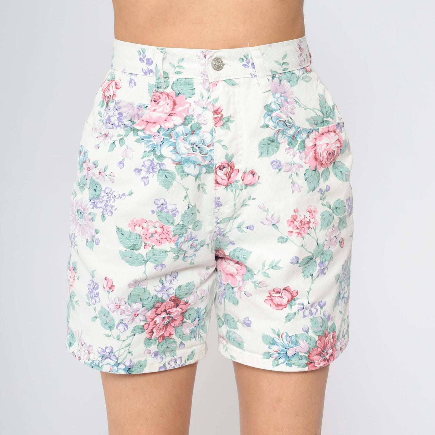90s Floral Denim Shorts White High Waist Pink Purple Rose Print Small