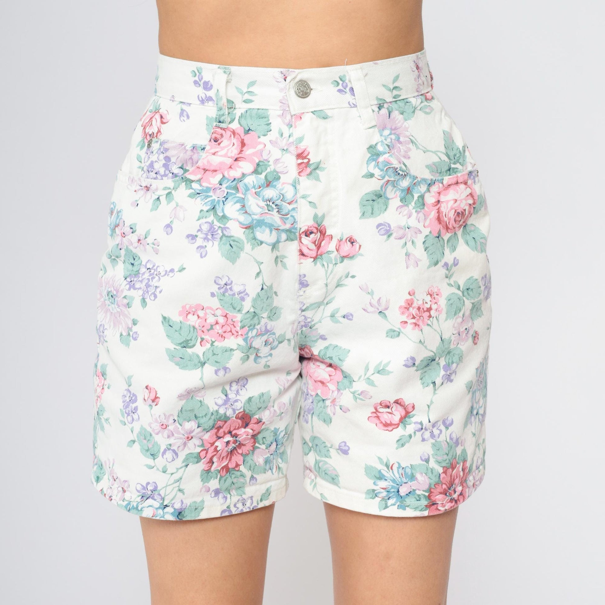 90s Floral Denim Shorts White High Waist Pink Purple Rose Print Small