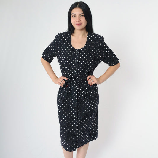 90s Black Polka Dot Midi Dress Button-Up Cotton High Waist Medium