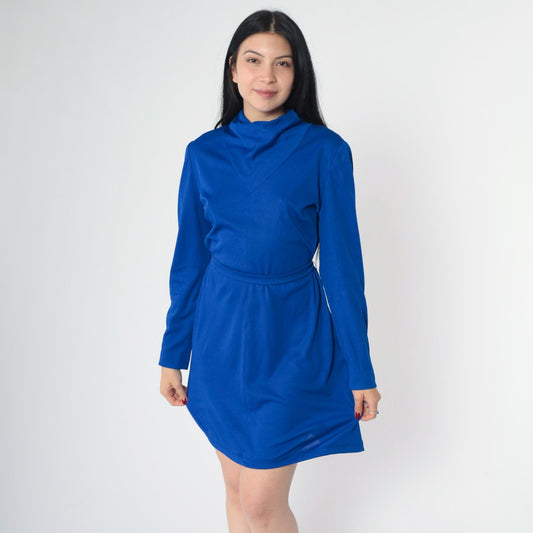 70s L'Aiglon Royal Blue Mini Shift Dress Cowl Neck Long Sleeve Medium M