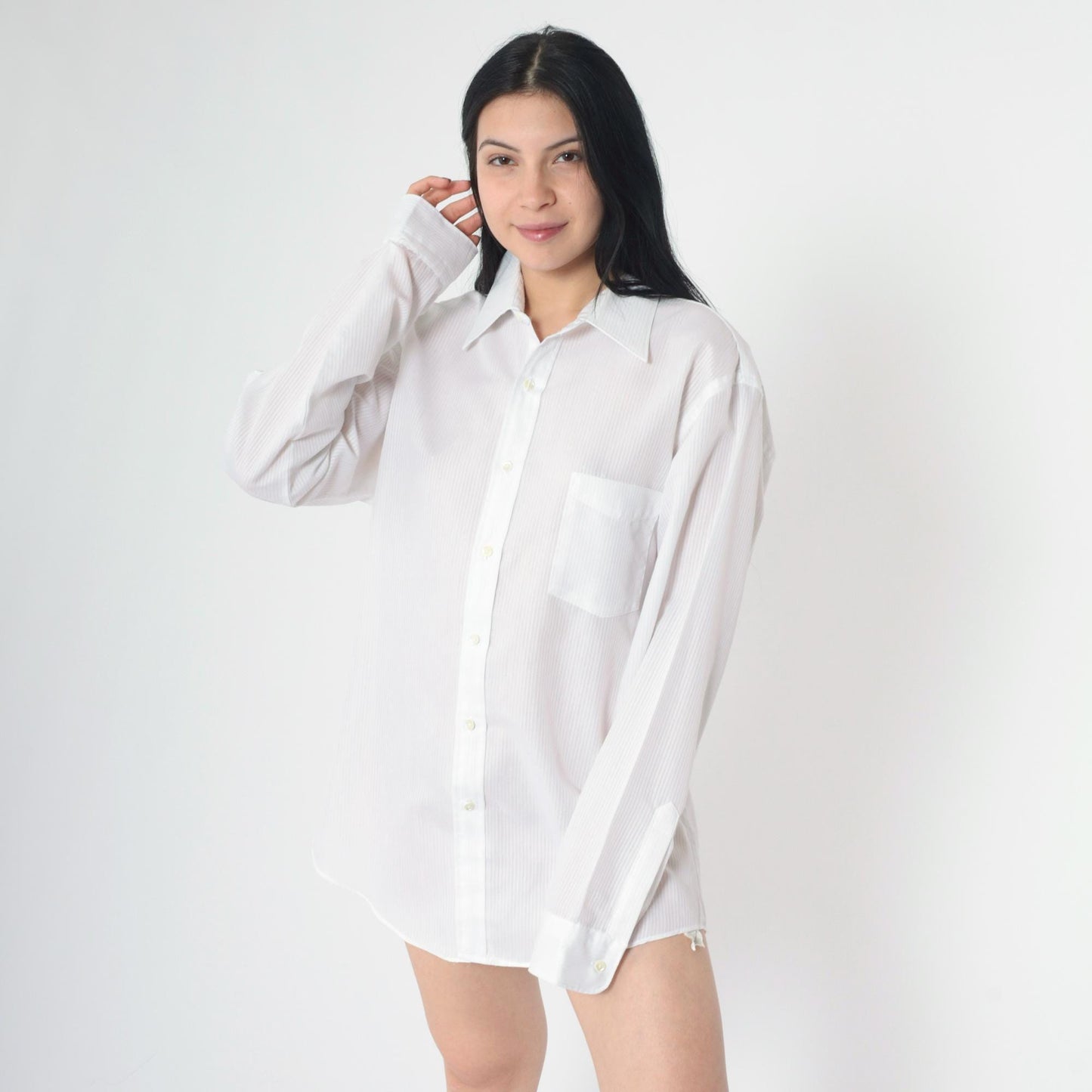 80s Luxurata White Striped Button-Up Shirt Long Sleeve Sheer Large L