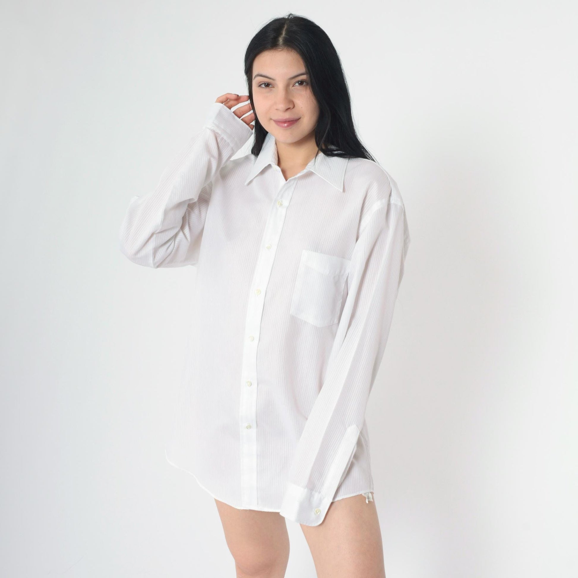 80s Luxurata White Striped Button-Up Shirt Long Sleeve Sheer Large L