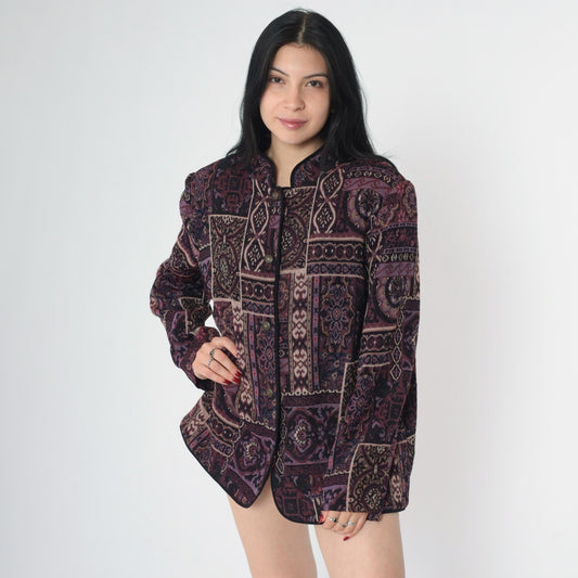 90s Tapestry Jacket Purple Patchwork Geometric Floral Mandarin Collar Medium M
